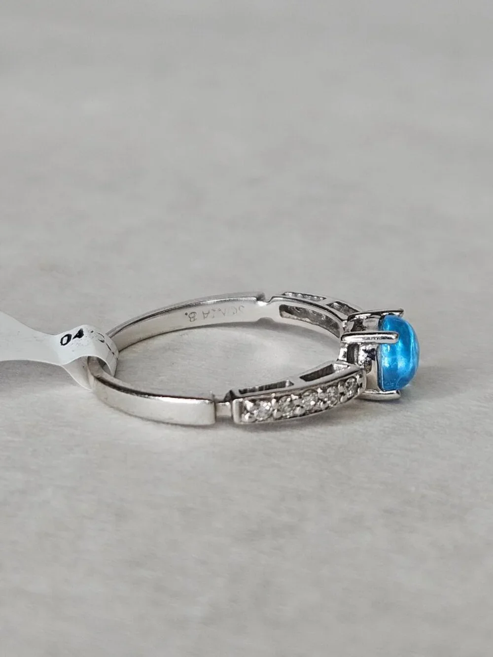 Sonia B 14K White Gold Cabochon Blue Topaz 5mm & Diamond Ring Band Size 9